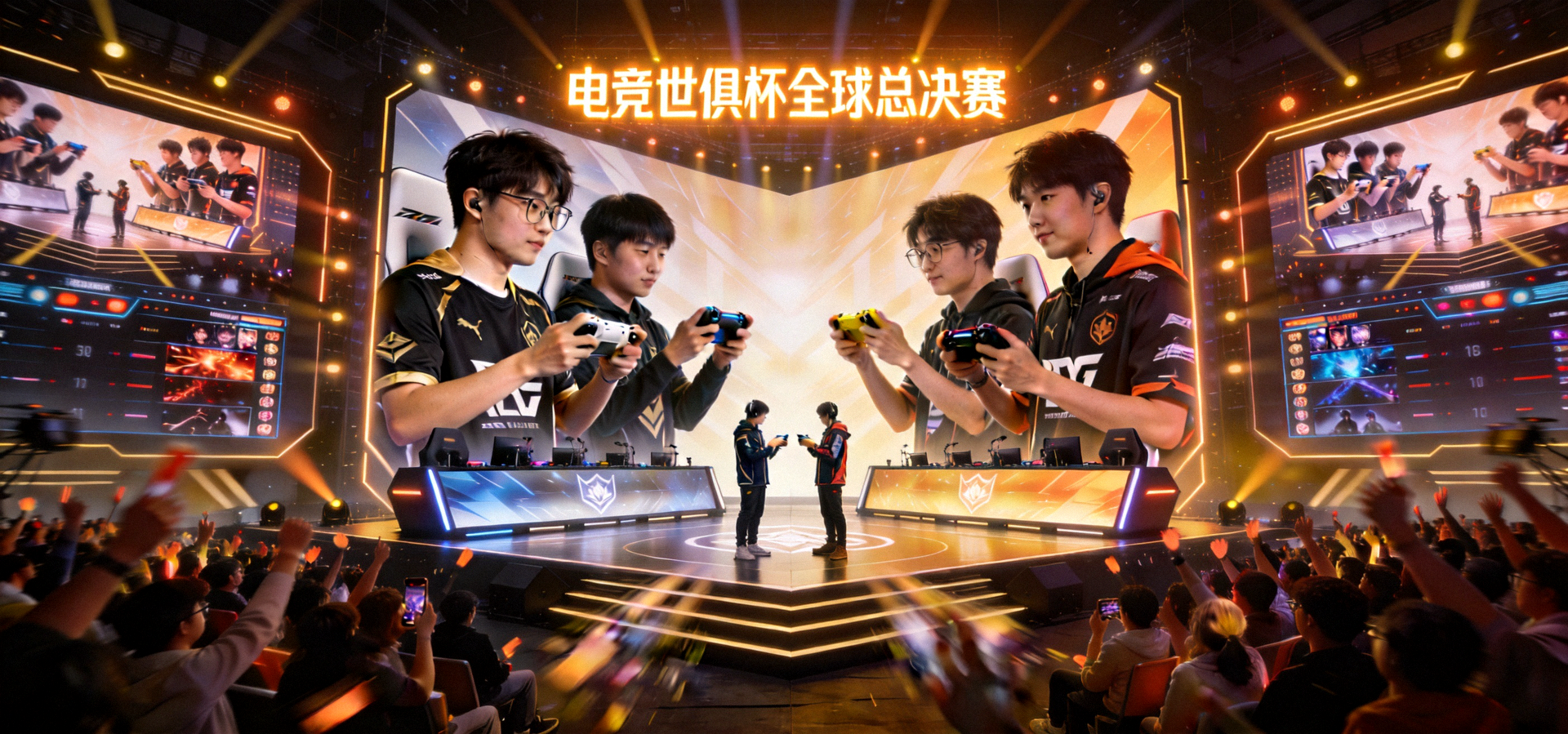 电竞世俱杯全球总决赛现场，两支顶尖战队在巨型舞台中央展开巅峰对决