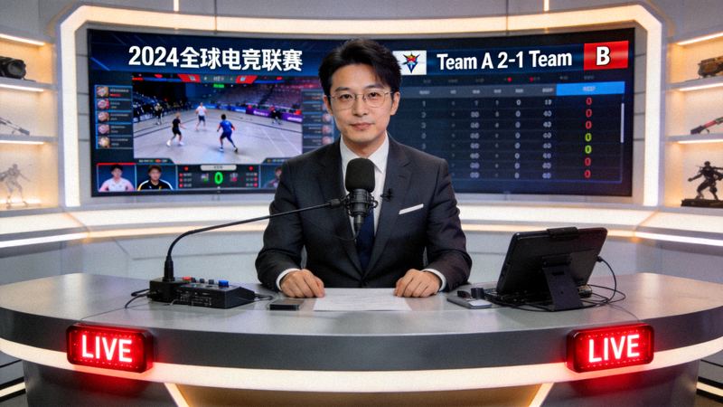 赛事解说员在演播厅内进行实时赛事点评的直播画面
